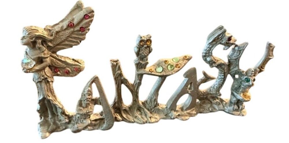 Sunglo Fantasy Metal Word Art Figurine Fairy Dragon Owl 1996 Made in USA